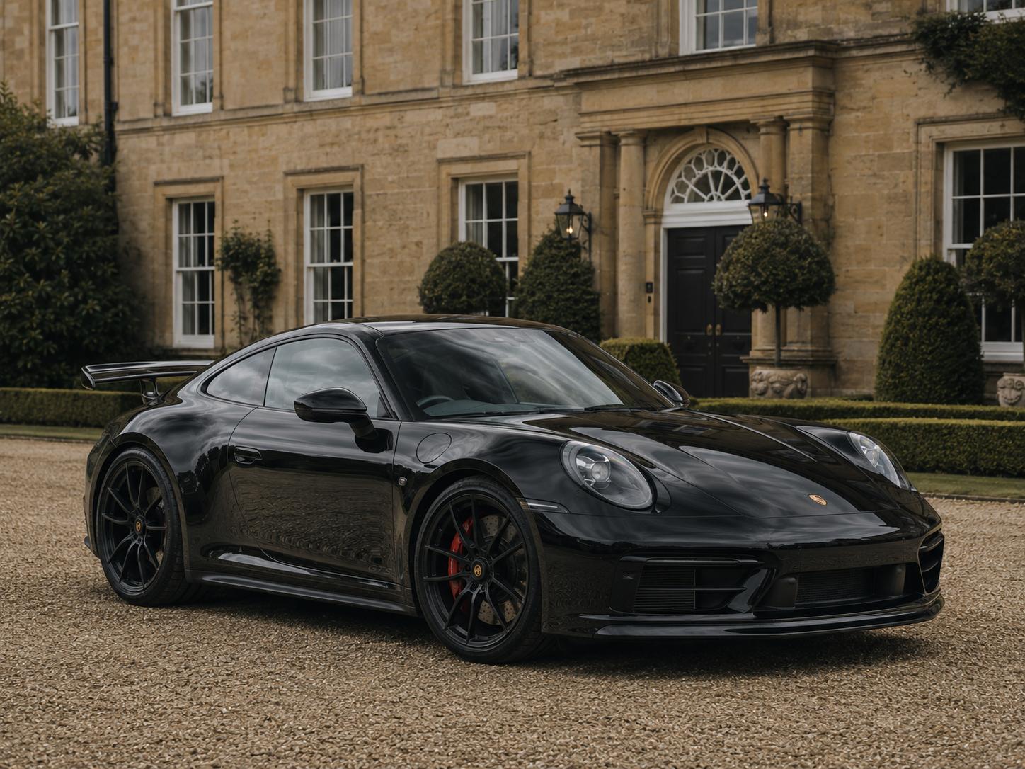 Black Porsche 911 Carrera GTS with aero kit, three-quarter front, on a stone forecourt.