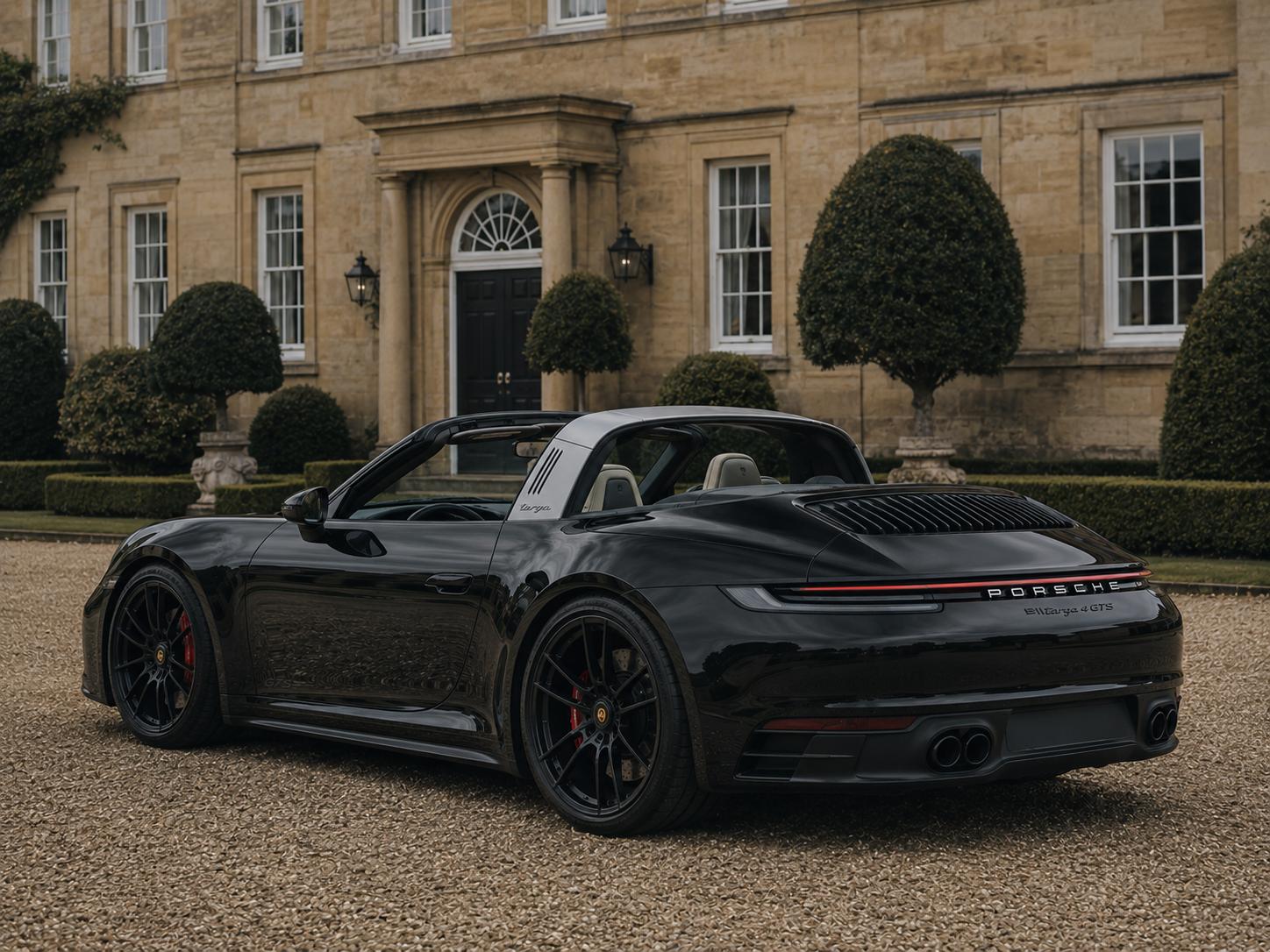 Black Porsche 911 Targa 4 GTS with the roof open and the silver wraparound roll-hoop visible, parked on a country drive.