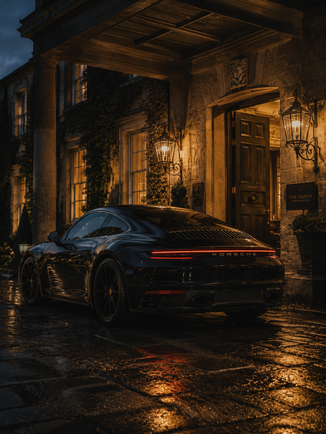 A black Porsche 911 at the lamp-lit entrance of an English country house hotel at dusk, wet flagstones reflecting the warm amber light from carriage lamps.