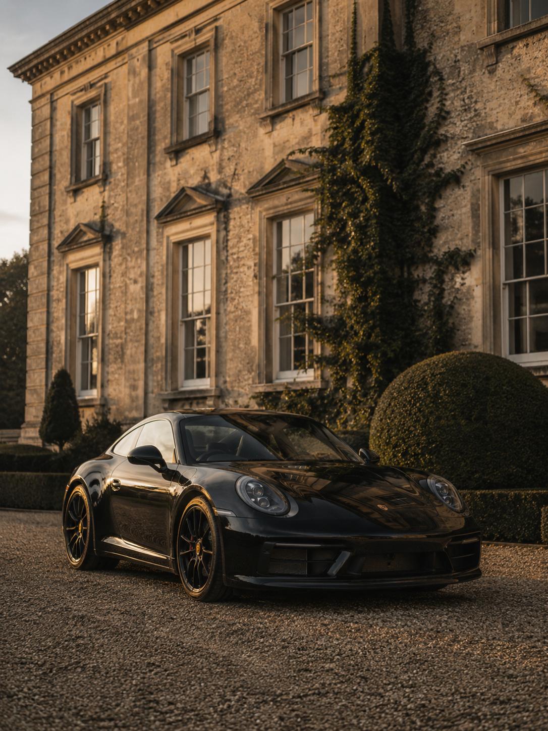 A black Porsche 911 on the gravel drive of a Georgian country house in late afternoon golden light, ivy and topiary visible against the stone facade.